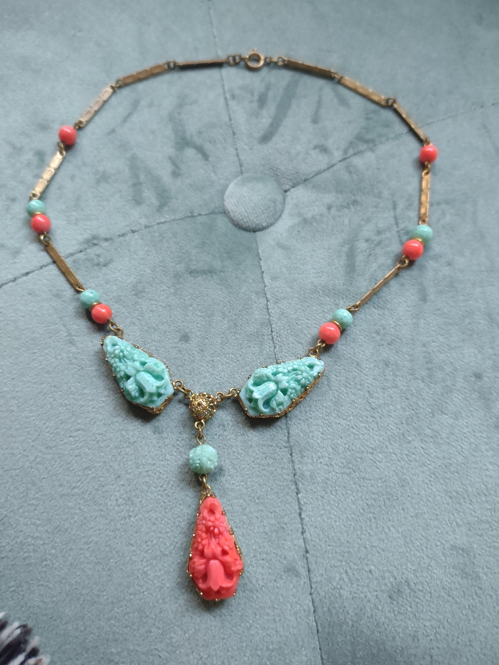 Coral And Turquoise Resin Necklace